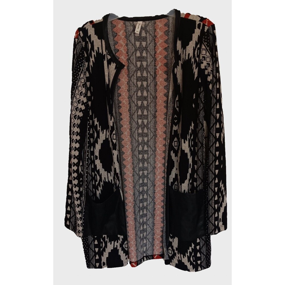 Tyche Womens Black Beige Rust Aztec Sweater Jacket w/Faux Leather Detail Lg